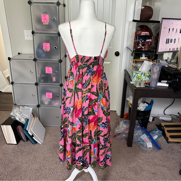 By The River Tropical Print Pink Floral Toucan Parrot Midi Dress Size Medium - Picture 3 of 9
